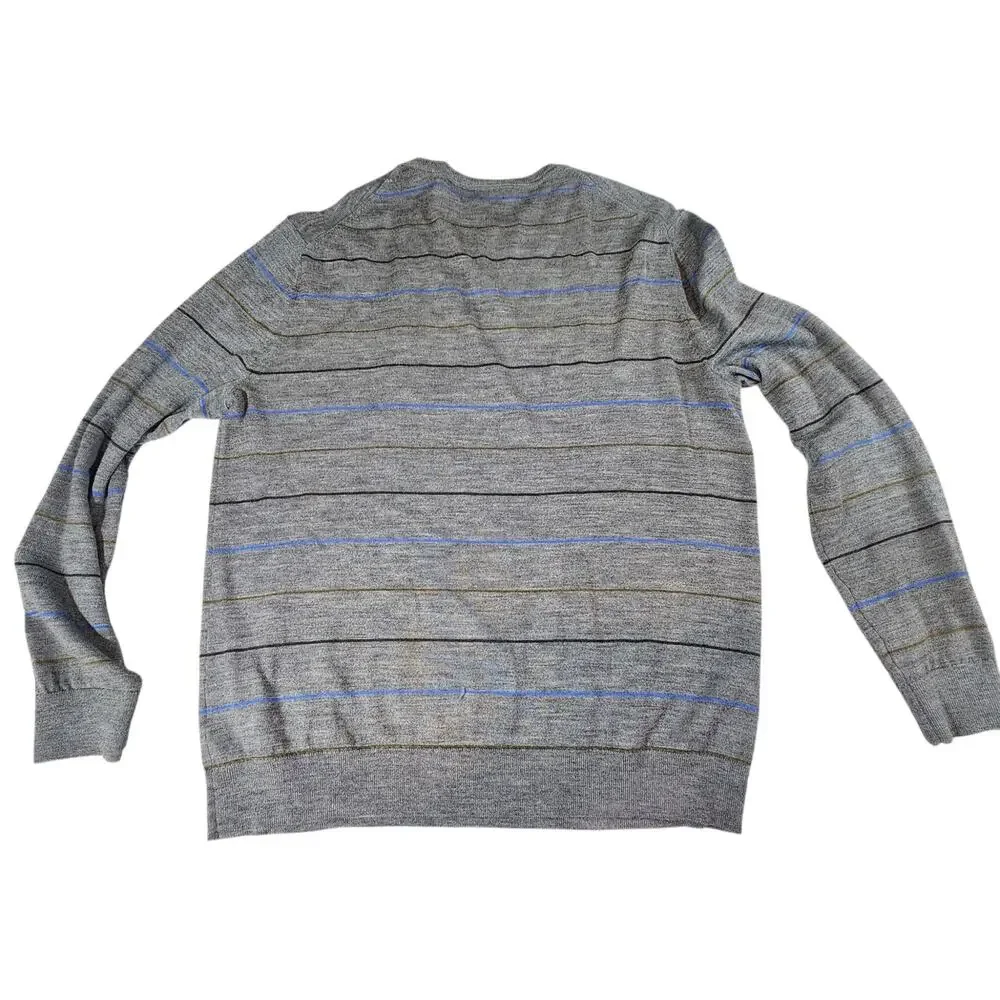 Banana Republic 100% Merino Wool Sweater XL Gray Striped‎ Crew Neck Lightweight
